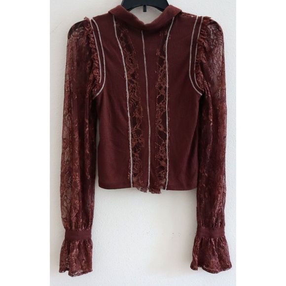Free People OB1501032 Women's Sz S Wine Red This Shirt Tho Lace L/S Blouse $98 - Picture 2 of 8